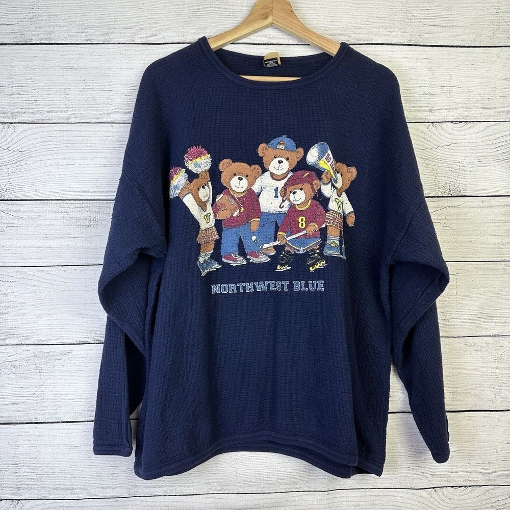 Vtg Teddy Bear Sweater Northwest‎ Blue Women’s Size OS-XL Cheerleading Mom Coach